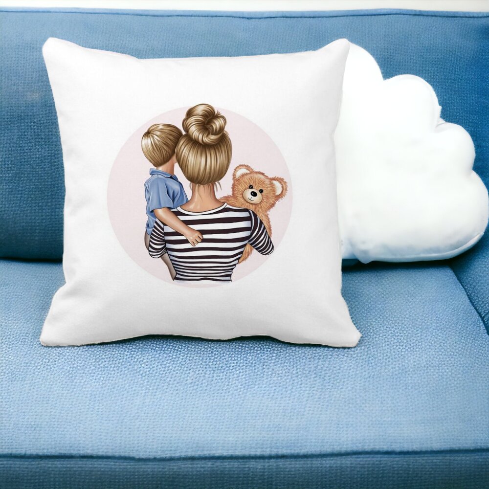 Perna Decorativa Patrata Mommy's Boy, 40x40 cm, Alba, Mata, Husa Detasabila, Burduf 14 Mata
