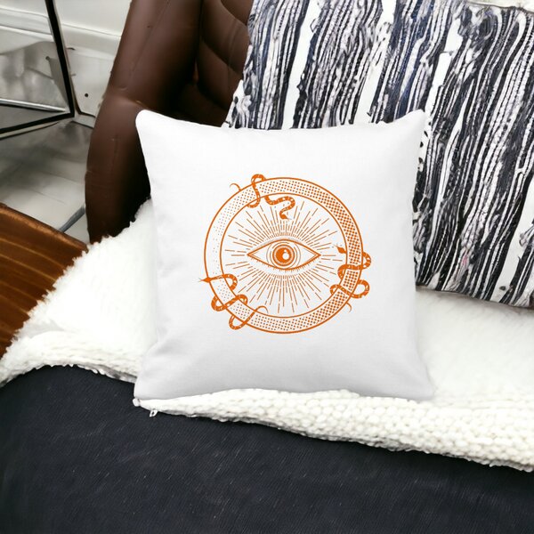 Perna Decorativa Patrata Mystic Eye, 40x40 cm, Alba, Mata, Husa Detasabila, Burduf 14 Mata