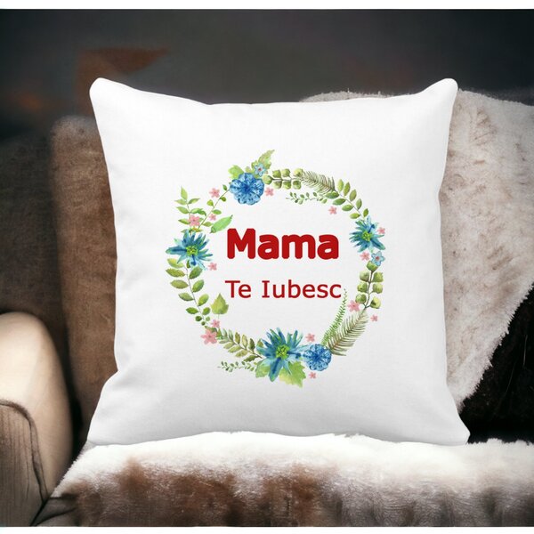 Perna Decorativa Patrata Pentru Mama Te iubesc 2,40x40 cm, Alba, Mata, Husa Detasabila, Burduf 12 40x40 cm