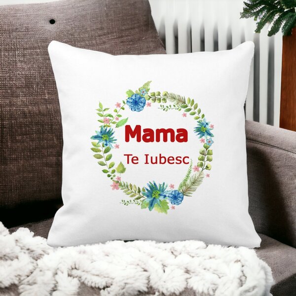 Perna Decorativa Patrata Pentru Mama Te iubesc 2,40x40 cm, Alba, Mata, Husa Detasabila, Burduf 13 Alba