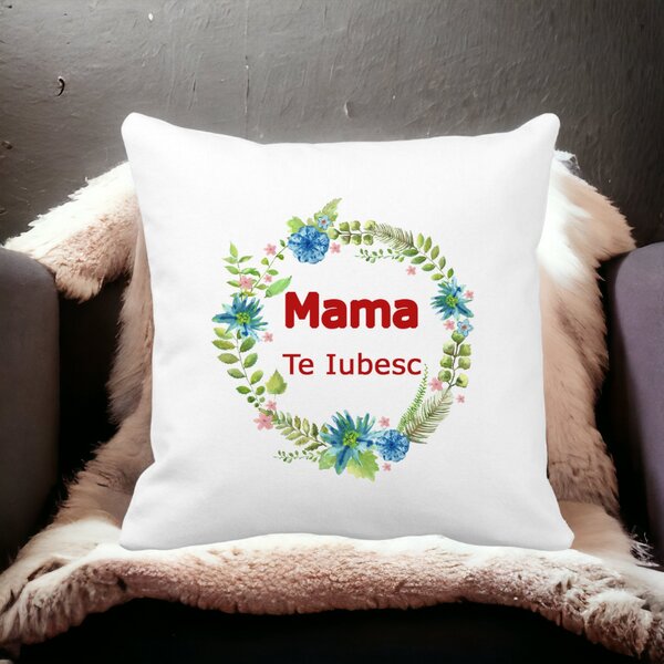 Perna Decorativa Patrata Pentru Mama Te iubesc 2,40x40 cm, Alba, Mata, Husa Detasabila, Burduf 14 Mata