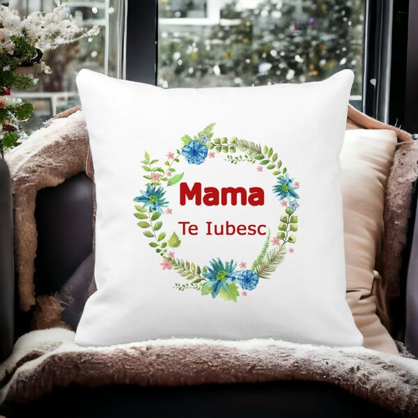 Perna Decorativa Patrata Pentru Mama Te iubesc 2,40x40 cm, Alba, Mata, Husa Detasabila, Burduf 15 Husa Detasabila