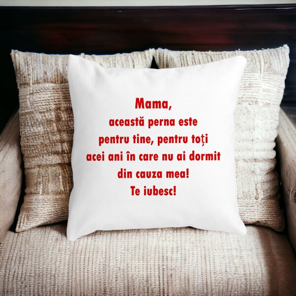 Perna Decorativa Patrata Pentru Mama Te iubesc 3,40x40 cm, Alba, Mata, Husa Detasabila, Burduf 13 Alba