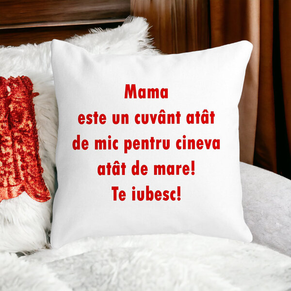 Perna Decorativa Patrata Pentru Mama Te iubesc, 40x40 cm, Alba, Mata, Husa Detasabila, Burduf 13 Alba