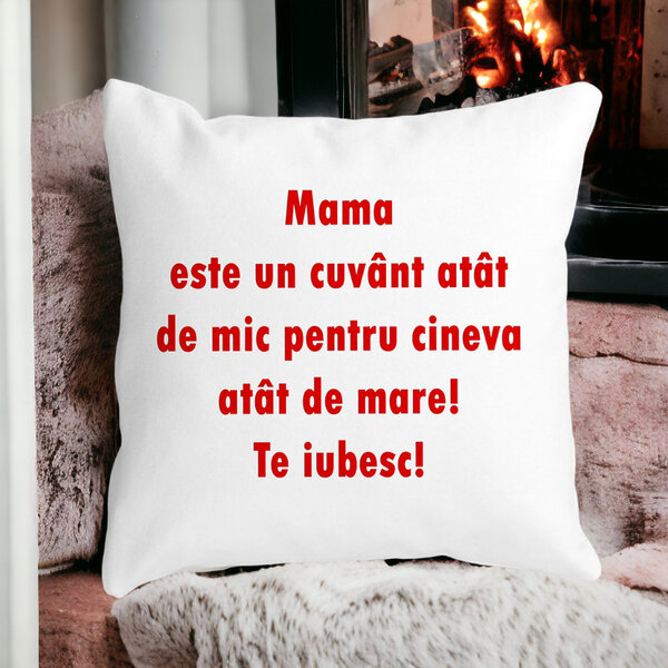 Perna Decorativa Patrata Pentru Mama Te iubesc, 40x40 cm, Alba, Mata, Husa Detasabila, Burduf 14 Mata