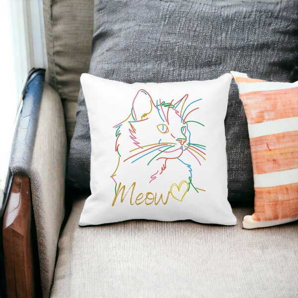 Perna Decorativa Patrata Pisica Meow, 40x40 cm, Alba, Mata, Husa Detasabila, Burduf 12 40x40 cm