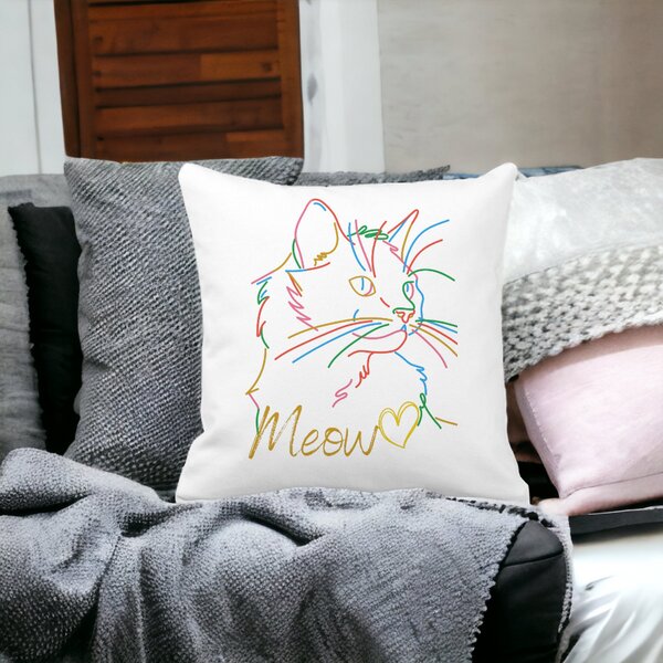 Perna Decorativa Patrata Pisica Meow, 40x40 cm, Alba, Mata, Husa Detasabila, Burduf 13 Alba