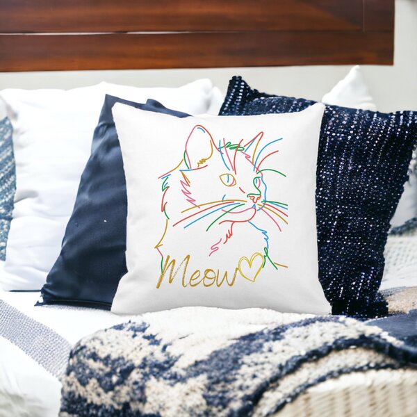 Perna Decorativa Patrata Pisica Meow, 40x40 cm, Alba, Mata, Husa Detasabila, Burduf 14 Mata