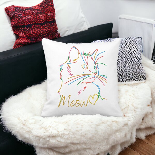 Perna Decorativa Patrata Pisica Meow, 40x40 cm, Alba, Mata, Husa Detasabila, Burduf 15 Husa Detasabila