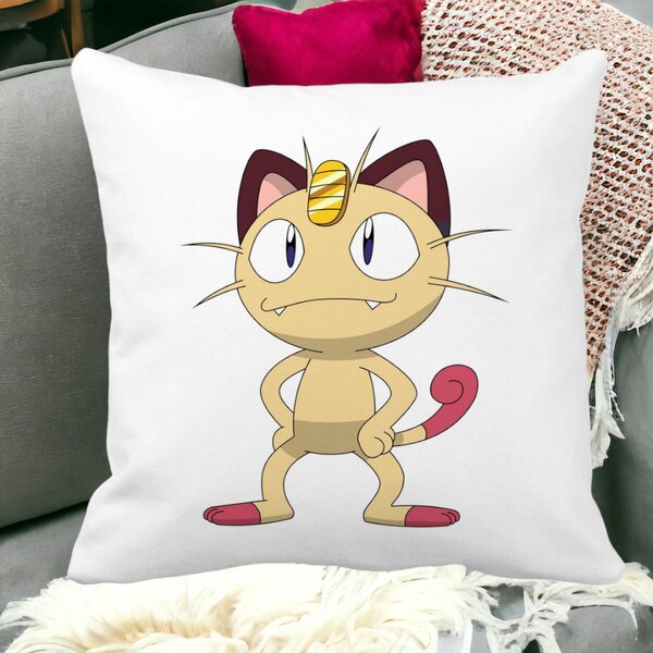 Perna Decorativa Patrata Pisica Pokemon, 40x40 cm, Alba, Mata, Husa Detasabila, Burduf 15 Husa Detasabila