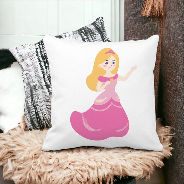 Perna Decorativa Patrata Printesa Roz, 40x40 cm, Alba, Mata, Husa Detasabila, Burduf 14 Mata