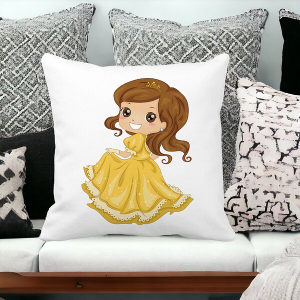 Perna Decorativa Patrata Printesa cu Coroana, 40x40 cm, Alba, Mata, Husa Detasabila, Burduf 14 Mata