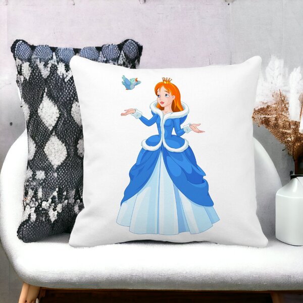 Perna Decorativa Patrata Printesa si Paserea, 40x40 cm, Alba, Mata, Husa Detasabila, Burduf 13 Alba