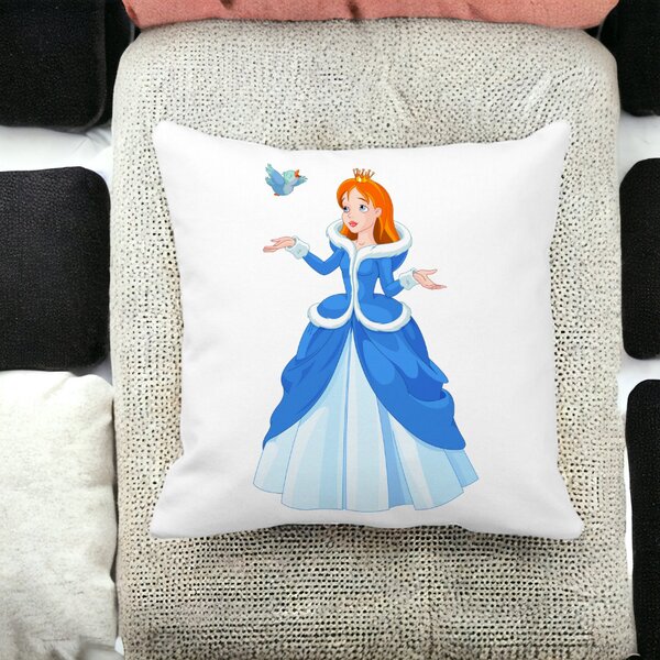 Perna Decorativa Patrata Printesa si Paserea, 40x40 cm, Alba, Mata, Husa Detasabila, Burduf 14 Mata
