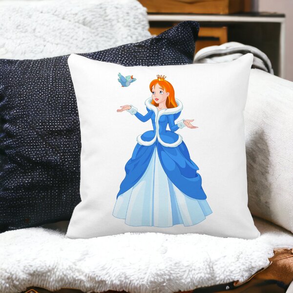 Perna Decorativa Patrata Printesa si Paserea, 40x40 cm, Alba, Mata, Husa Detasabila, Burduf 15 Husa Detasabila