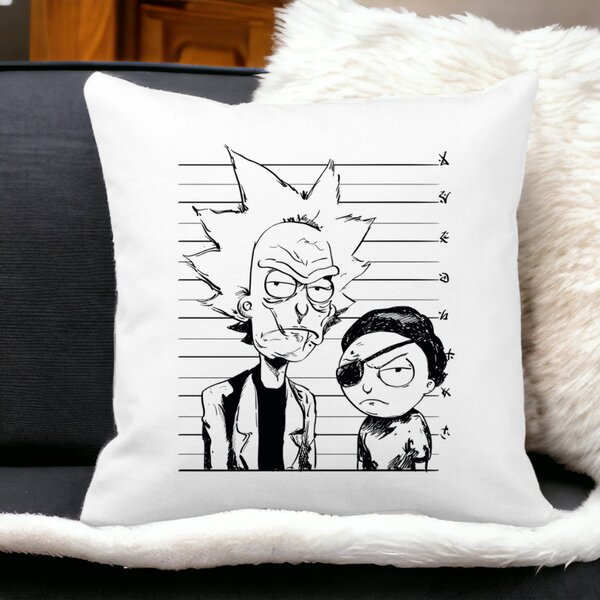 Perna Decorativa Patrata Rick and Morty, 40x40 cm, Alba, Mata, Husa Detasabila, Burduf 14 Mata