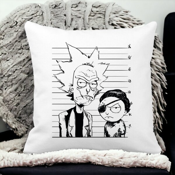 Perna Decorativa Patrata Rick and Morty, 40x40 cm, Alba, Mata, Husa Detasabila, Burduf 15 Husa Detasabila