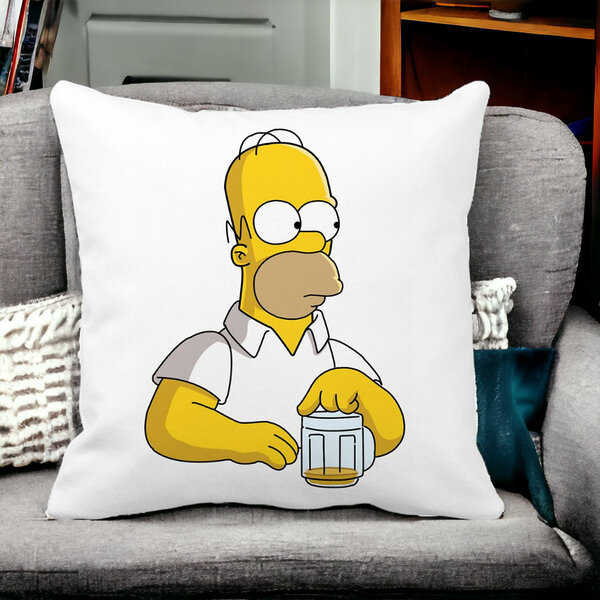 Perna Decorativa Patrata Simpsons Homer, 40x40 cm, Alba, Mata, Husa Detasabila, Burduf 13 Alba