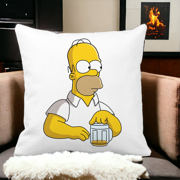 Perna Decorativa Patrata Simpsons Homer, 40x40 cm, Alba, Mata, Husa Detasabila, Burduf 14 Mata