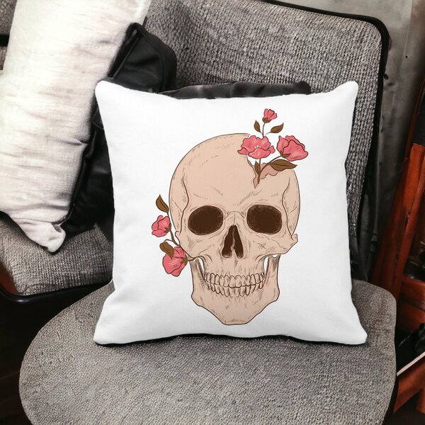 Perna Decorativa Patrata Skull Rose Art, 40x40 cm, Alba, Mata, Husa Detasabila, Burduf 12 40x40 cm