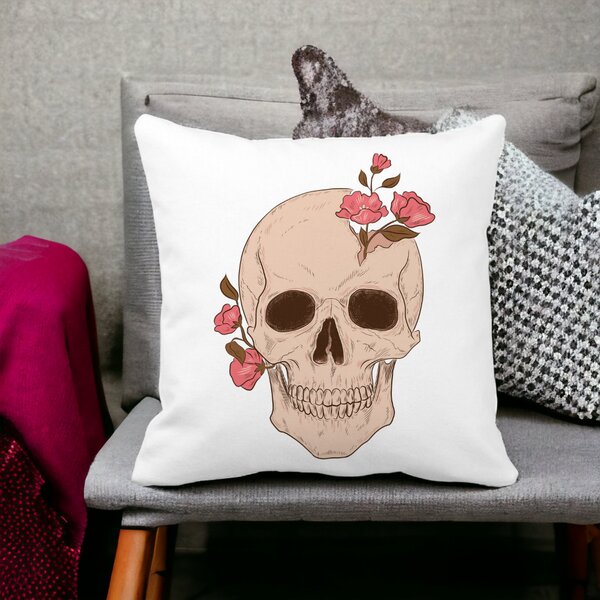 Perna Decorativa Patrata Skull Rose Art, 40x40 cm, Alba, Mata, Husa Detasabila, Burduf 13 Alba