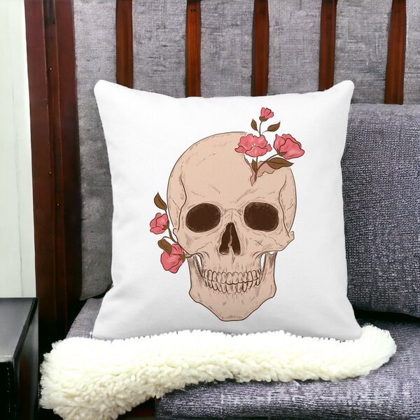 Perna Decorativa Patrata Skull Rose Art, 40x40 cm, Alba, Mata, Husa Detasabila, Burduf 14 Mata