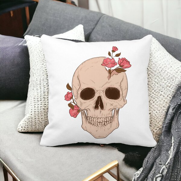 Perna Decorativa Patrata Skull Rose Art, 40x40 cm, Alba, Mata, Husa Detasabila, Burduf 15 Husa Detasabila