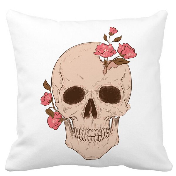 Perna Decorativa Patrata Skull Rose Art, 40x40 cm, Alba, Mata, Husa Detasabila, Burduf 11 Perna Decorativa Patrata Skull Rose Art