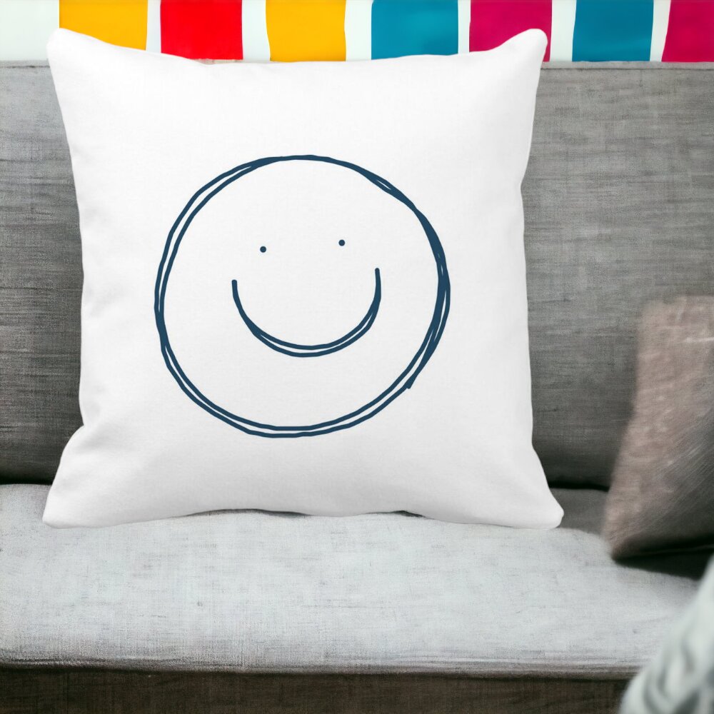 Perna Decorativa Patrata Smiley Face, 40x40 cm, Alba, Mata, Husa Detasabila, Burduf 13 Alba