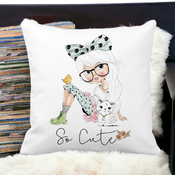 Perna Decorativa Patrata So Cute, 40x40 cm, Alba, Mata, Husa Detasabila, Burduf 13 Alba