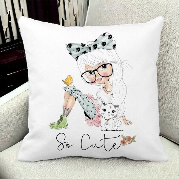 Perna Decorativa Patrata So Cute, 40x40 cm, Alba, Mata, Husa Detasabila, Burduf 14 Mata