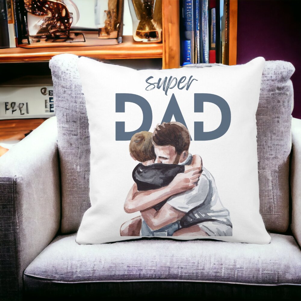 Perna Decorativa Patrata Super Dad Baieti, 40x40 cm, Alba, Mata, Husa Detasabila, Burduf 14 Mata