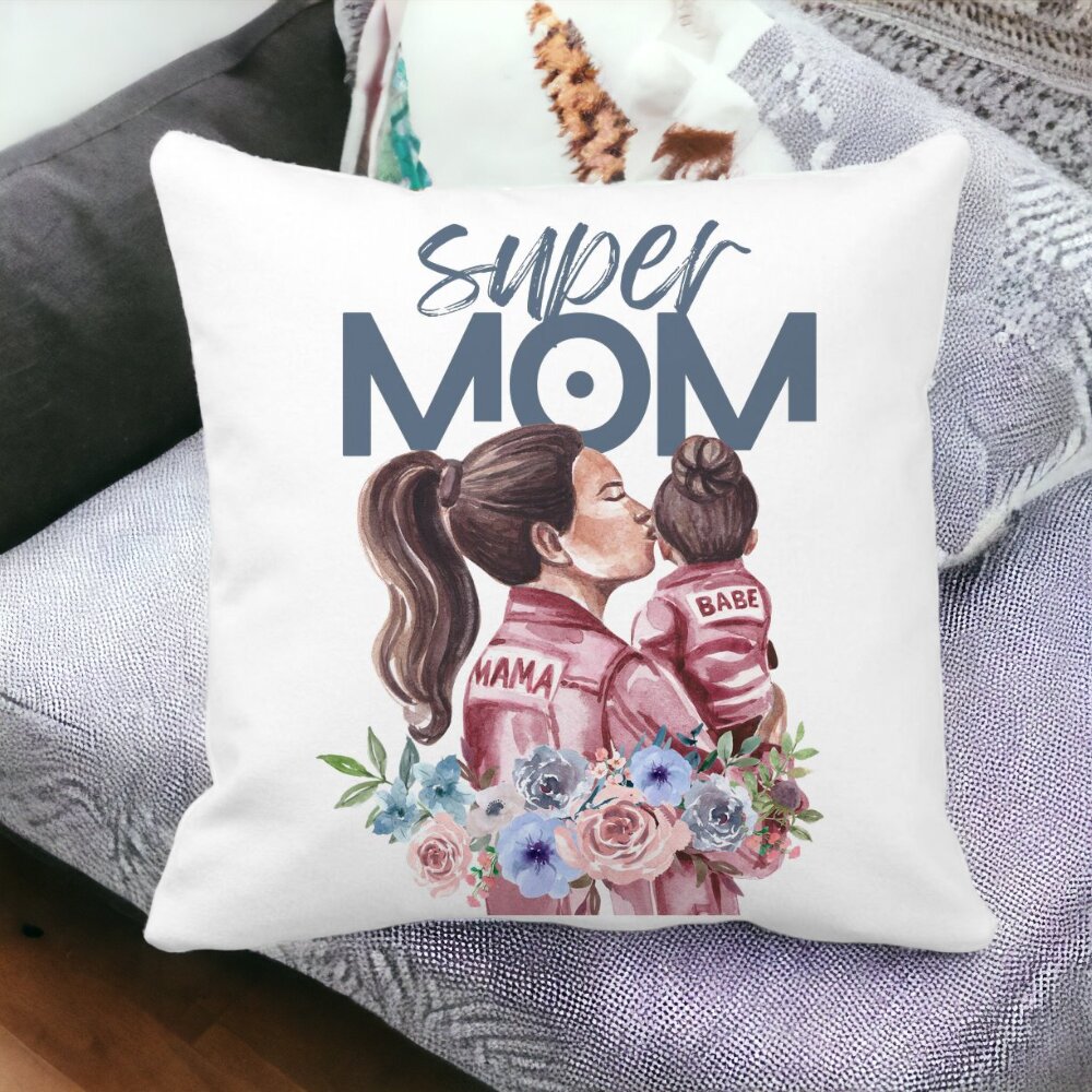 Perna Decorativa Patrata Super MOM Babe, 40x40 cm, Alba, Mata, Husa Detasabila, Burduf 13 Alba