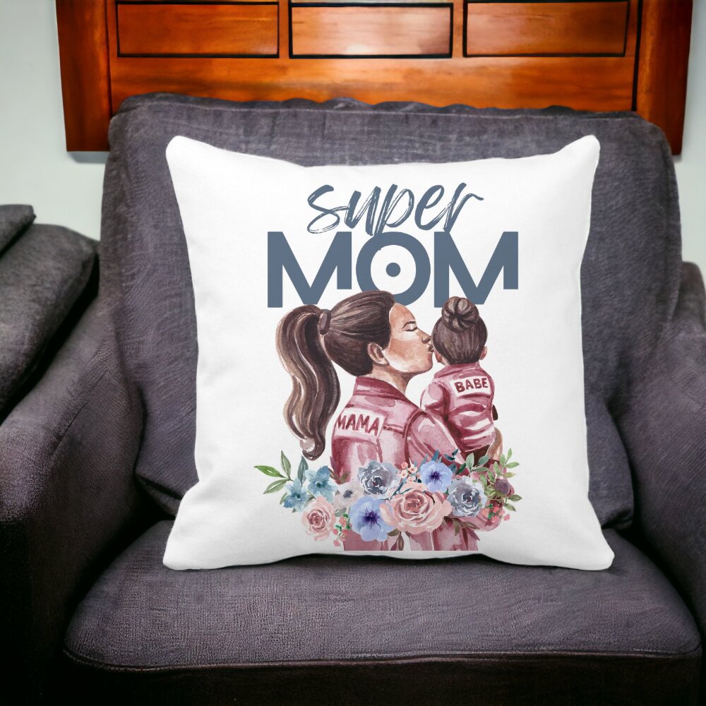 Perna Decorativa Patrata Super MOM Babe, 40x40 cm, Alba, Mata, Husa Detasabila, Burduf 14 Mata