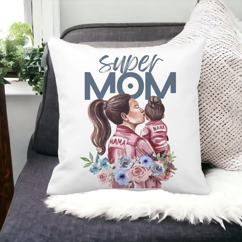 Perna Decorativa Patrata Super MOM Babe, 40x40 cm, Alba, Mata, Husa Detasabila, Burduf 15 Husa Detasabila