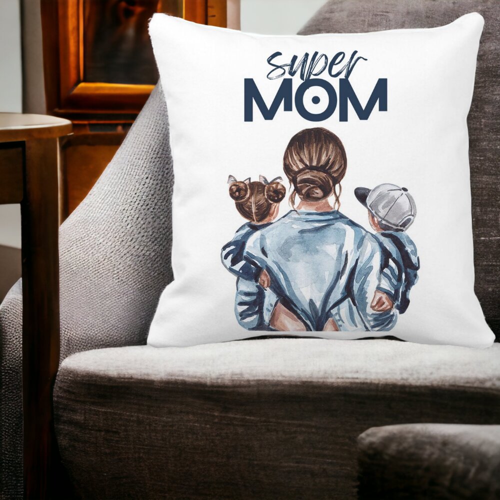 Perna Decorativa Patrata Super Mom, 40x40 cm, Alba, Mata, Husa Detasabila, Burduf 15 Husa Detasabila