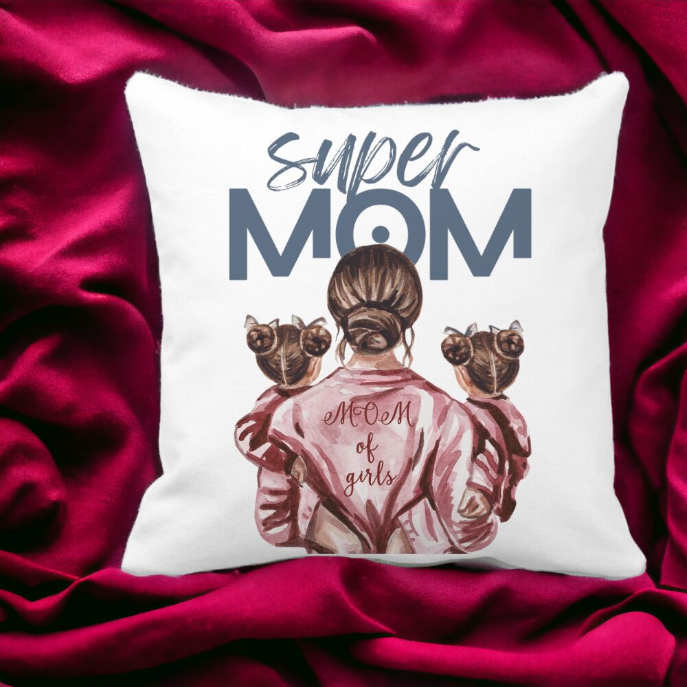 Perna Decorativa Patrata Super Mom of Girls, 40x40 cm, Alba, Mata, Husa Detasabila, Burduf 12 40x40 cm