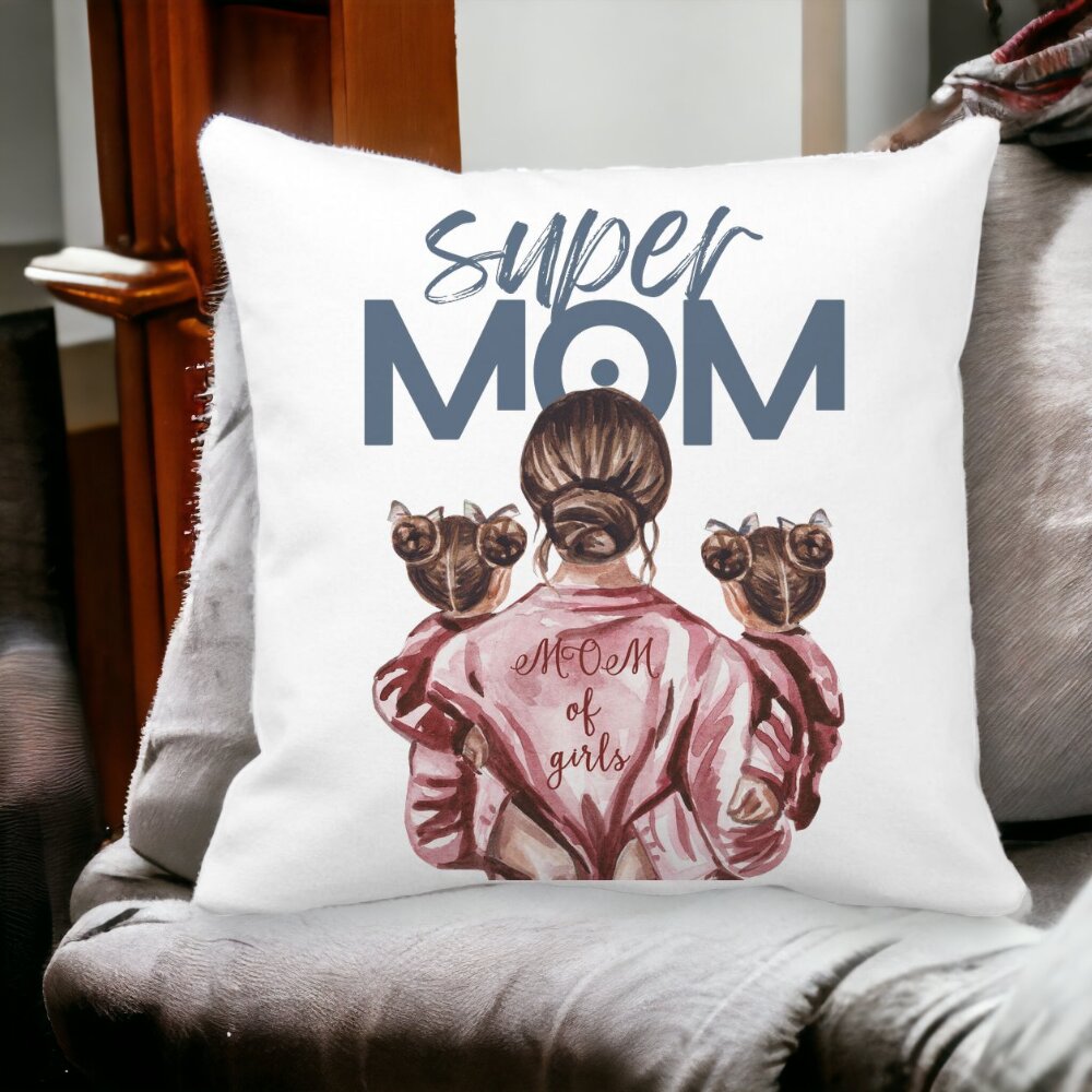 Perna Decorativa Patrata Super Mom of Girls, 40x40 cm, Alba, Mata, Husa Detasabila, Burduf 13 Alba