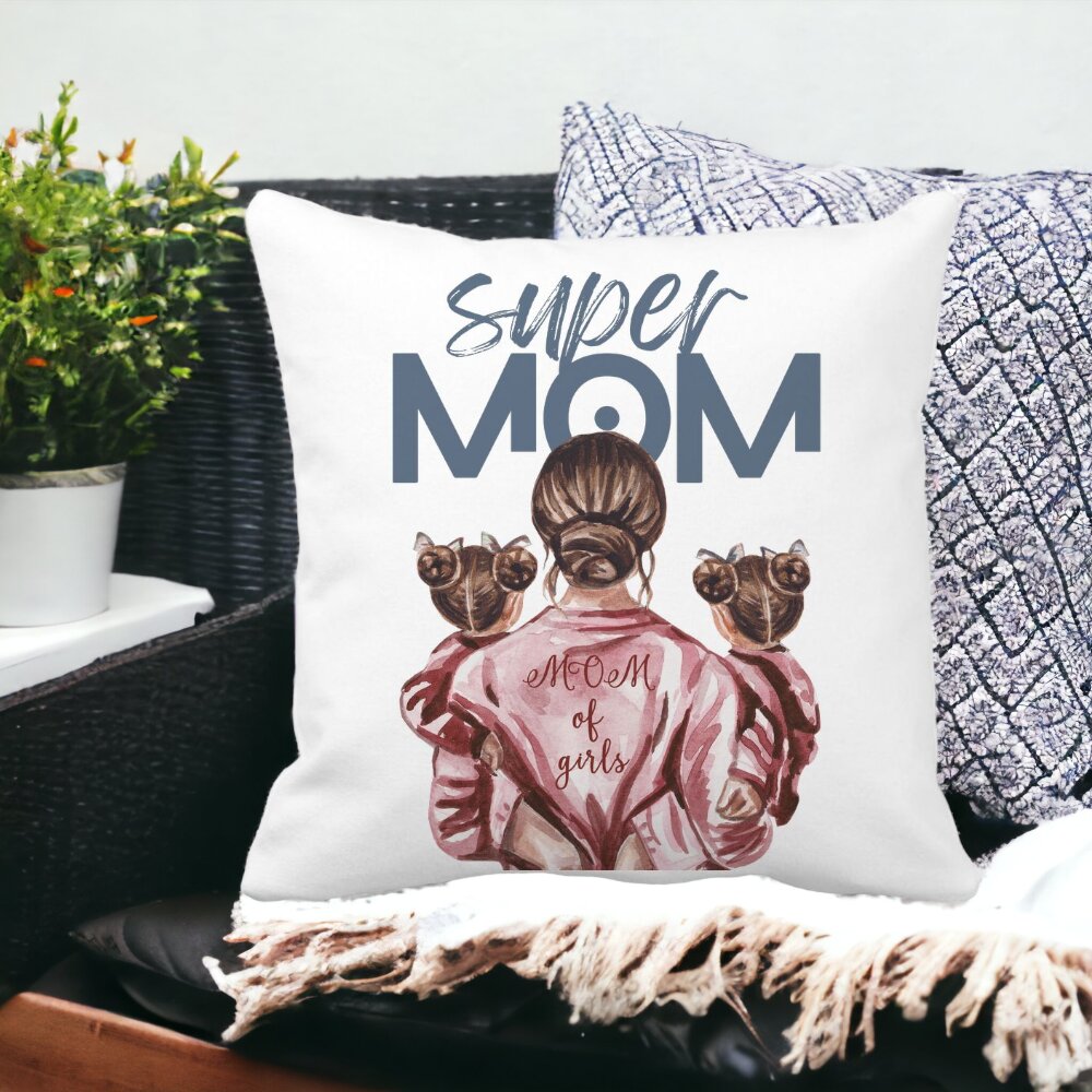 Perna Decorativa Patrata Super Mom of Girls, 40x40 cm, Alba, Mata, Husa Detasabila, Burduf 14 Mata