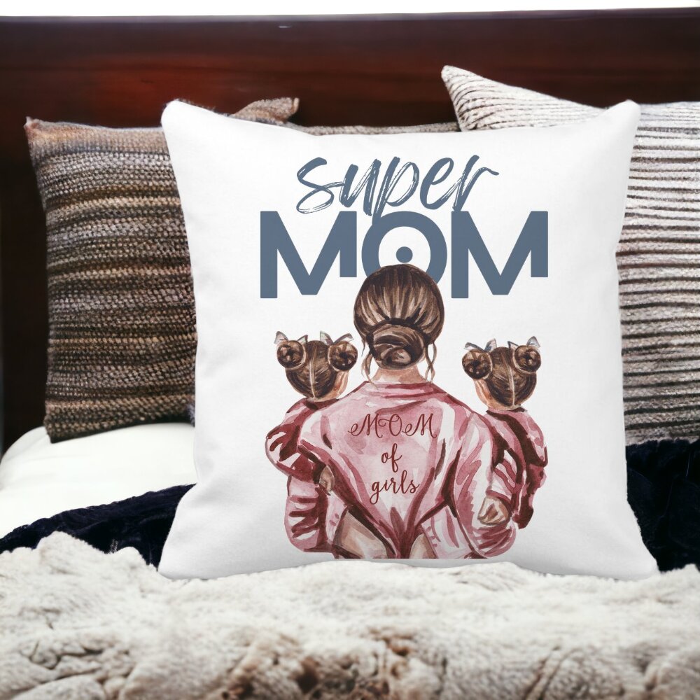 Perna Decorativa Patrata Super Mom of Girls, 40x40 cm, Alba, Mata, Husa Detasabila, Burduf 15 Husa Detasabila