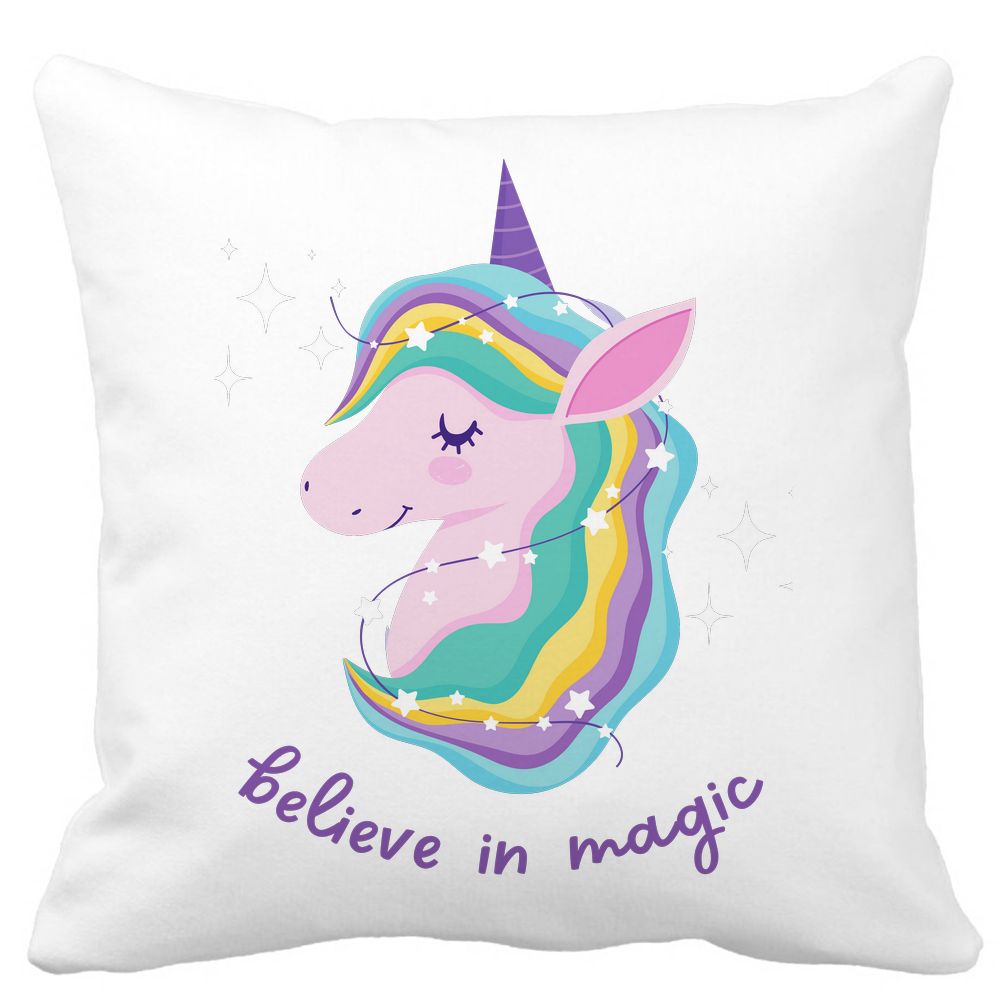 Perna Decorativa Patrata Unicorns Believe in Magic, 40x40 cm, Alba, Mata, Husa Detasabila, Burduf 15 Perna Decorativa Patrata Unicorns Believe in Magic