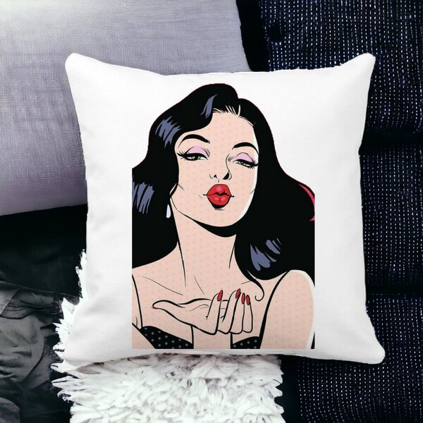 Perna Decorativa Patrata Vintage Pop Art, 40x40 cm, Alba, Mata, Husa Detasabila, Burduf 13 Alba