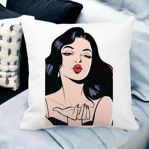 Perna Decorativa Patrata Vintage Pop Art, 40x40 cm, Alba, Mata, Husa Detasabila, Burduf 14 Mata