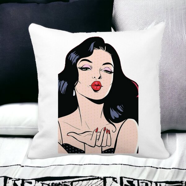 Perna Decorativa Patrata Vintage Pop Art, 40x40 cm, Alba, Mata, Husa Detasabila, Burduf 15 Husa Detasabila