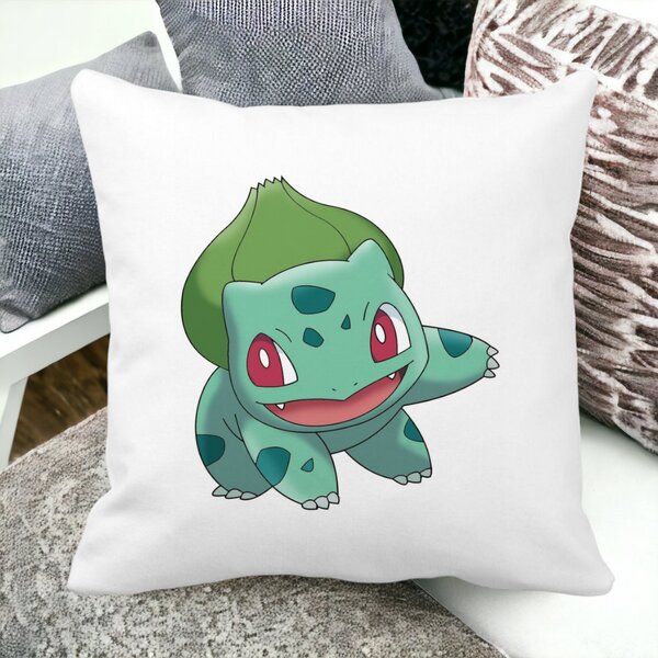 Perna Decorativa Patrata copii Bulbasaur, 40x40 cm, Alba, Mata, Husa Detasabila, Burduf 12 40x40 cm
