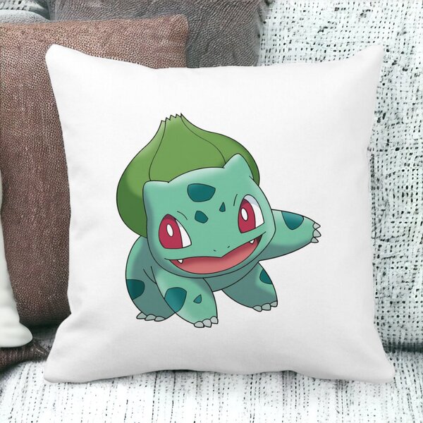 Perna Decorativa Patrata copii Bulbasaur, 40x40 cm, Alba, Mata, Husa Detasabila, Burduf 13 Alba