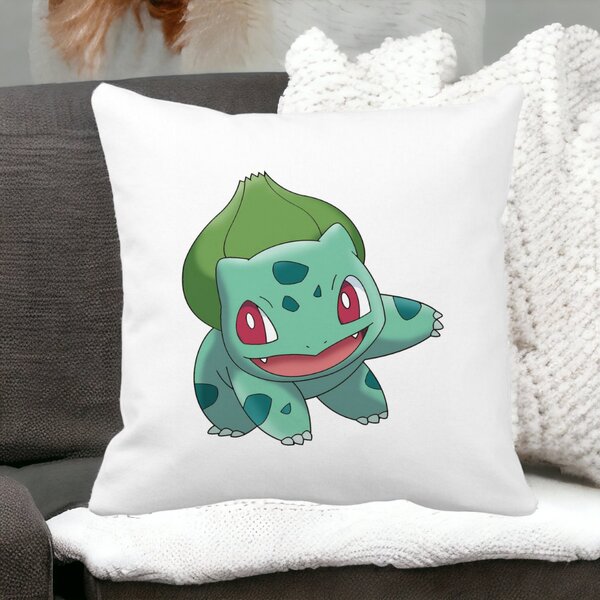 Perna Decorativa Patrata copii Bulbasaur, 40x40 cm, Alba, Mata, Husa Detasabila, Burduf 14 Mata
