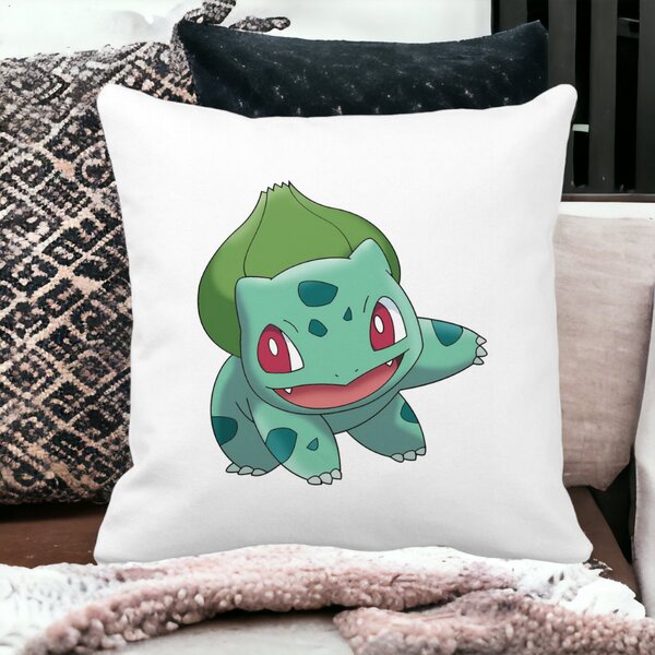 Perna Decorativa Patrata copii Bulbasaur, 40x40 cm, Alba, Mata, Husa Detasabila, Burduf 15 Husa Detasabila