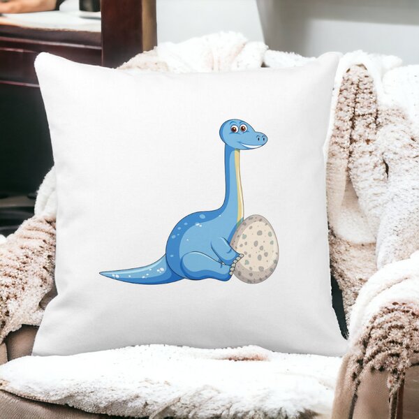 Perna Decorativa Patrata copii, Dinozaur cu oua, 40x40 cm, Alba, Mata, Husa Detasabila, Burduf 12 Dinozaur cu oua