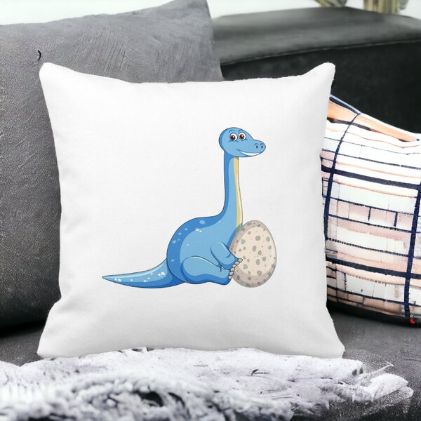 Perna Decorativa Patrata copii, Dinozaur cu oua, 40x40 cm, Alba, Mata, Husa Detasabila, Burduf 15 Mata